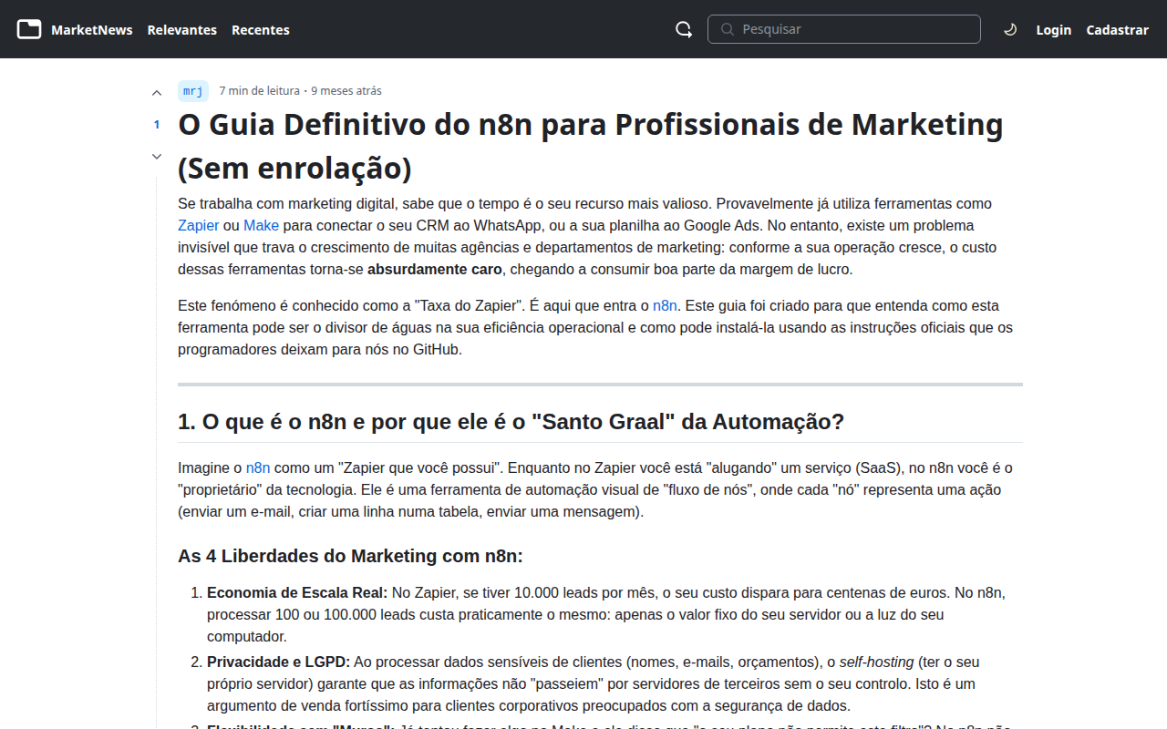 Guia de n8n publicado no MarketNews
