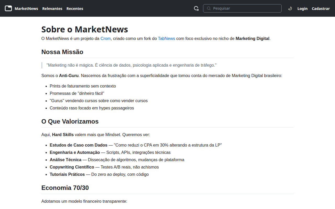 Página "Sobre" do MarketNews